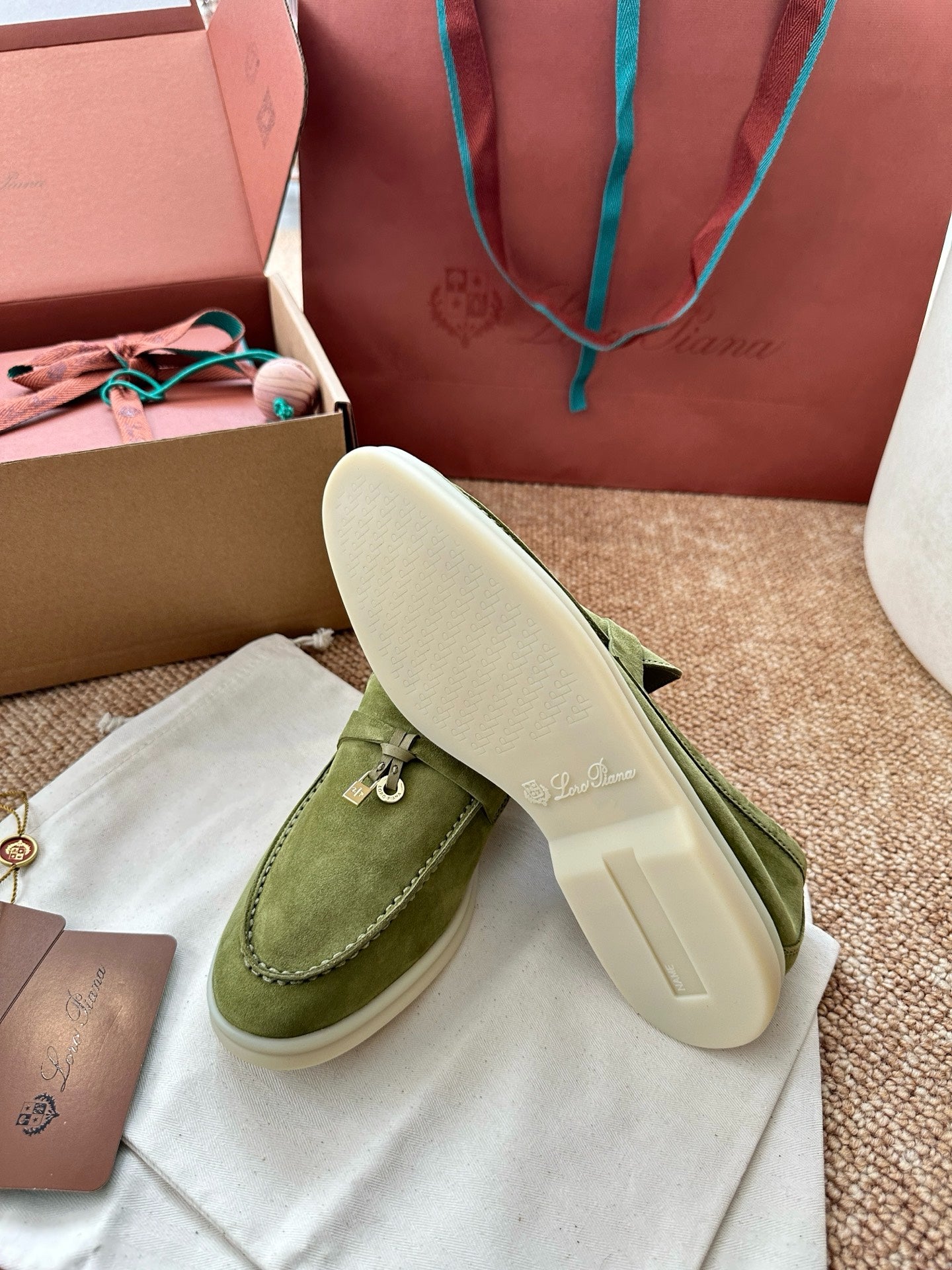 Loro Piana Summer Charms Walk Suede Loafers - Olive Green