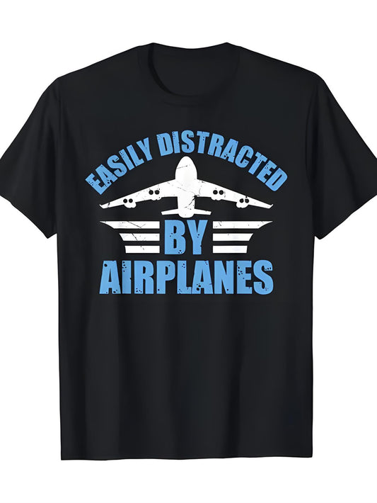 Men'S T-Shirt Featuring an Aviation Theme, Perfect for Those Who Easily Get Sidetracked by Planes. This Relaxed Fit Crew Neck Short Sleeve Tee Is Ideal for Casual Wear And Aviation Lovers