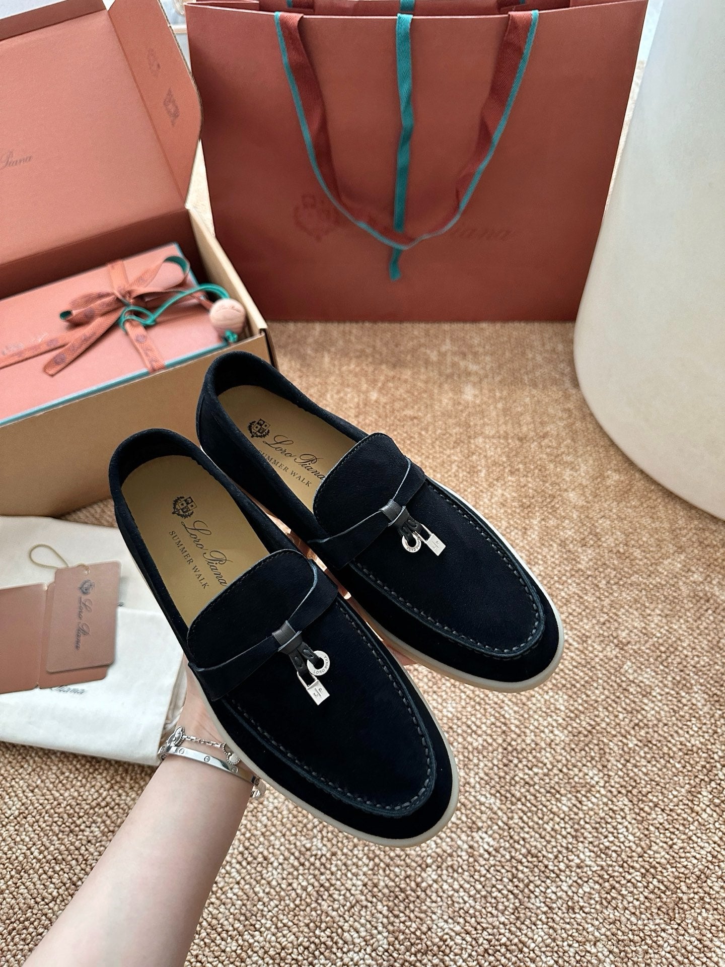Loro Piana Summer Charms Walk Suede Loafers - Black