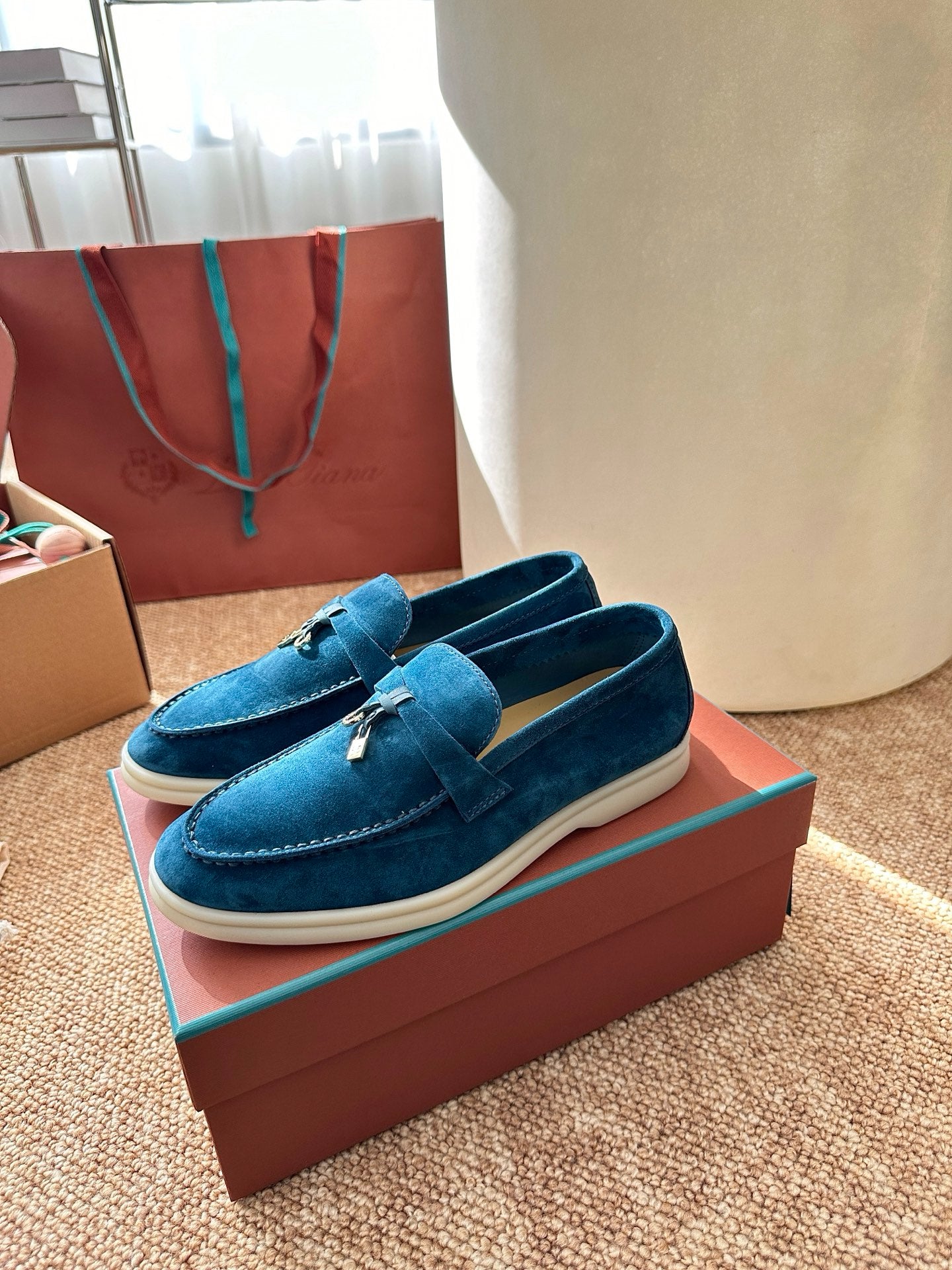 Loro Piana Summer Charms Walk Suede Loafers - Peacock Blue