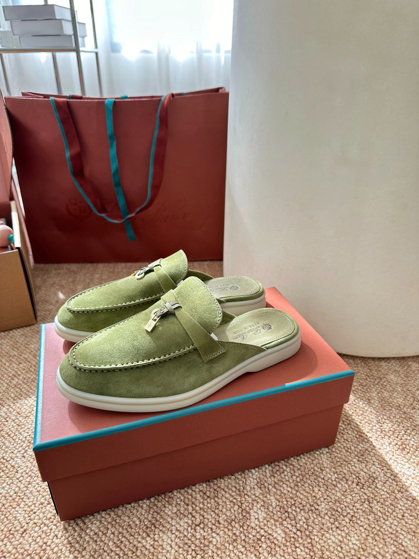 Light Green Suede Slip-On Mules, Loro Piana Style