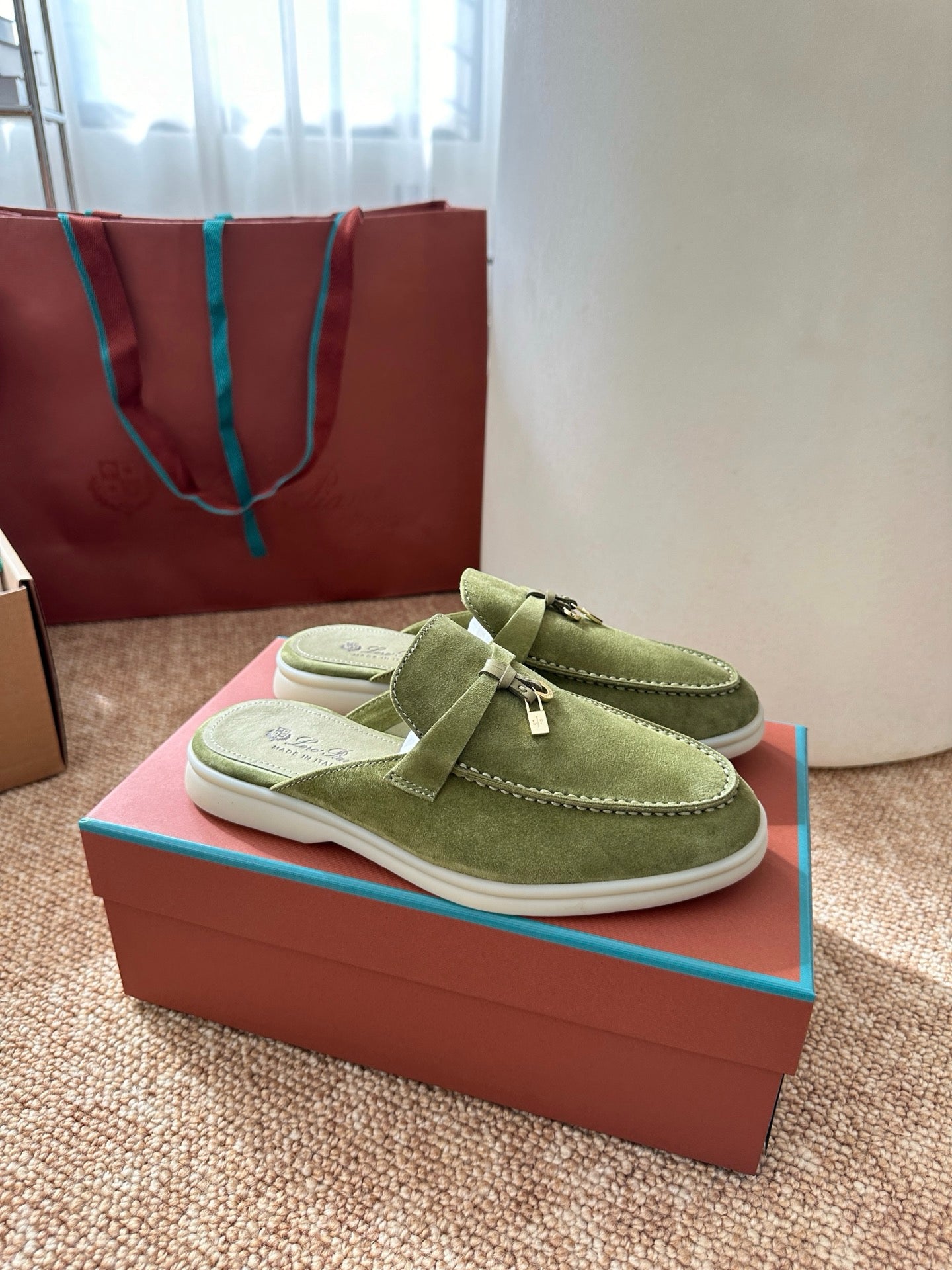 Light Green Suede Slip-On Mules, Loro Piana Style