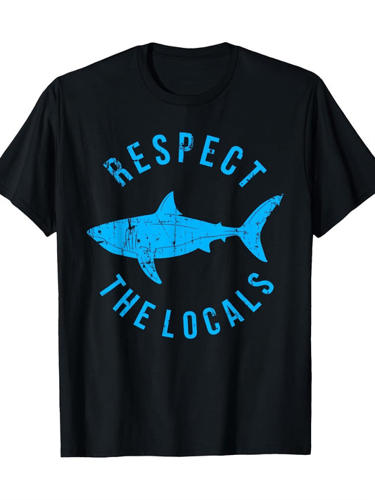 Men'S Vintage Respect The Locals Shark Graphic T-Shirt - 100% Relaxed Fit Tee with Blue Shark Design, Breathable Black Beach Shirt for Ocean Lovers, Machine Washable Casual Wear, Nontransparent Fabric