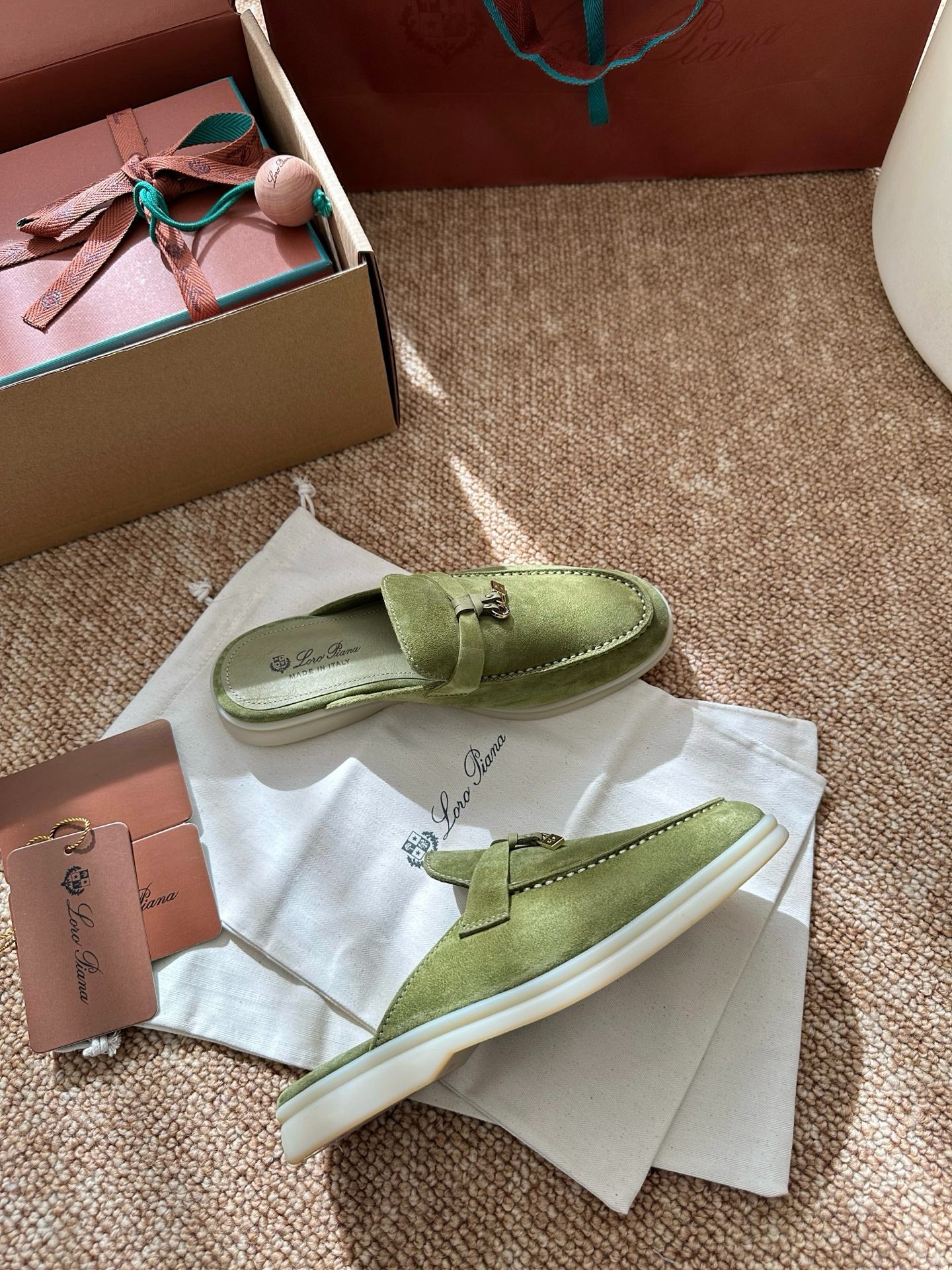 Light Green Suede Slip-On Mules, Loro Piana Style