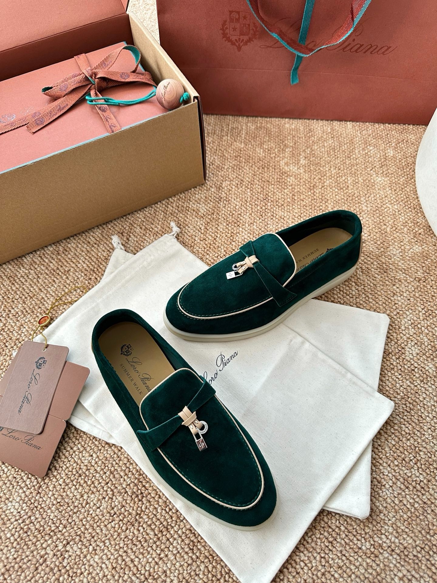 Loro Piana Summer Charms Walk Suede Loafers - Deep Emerald Green