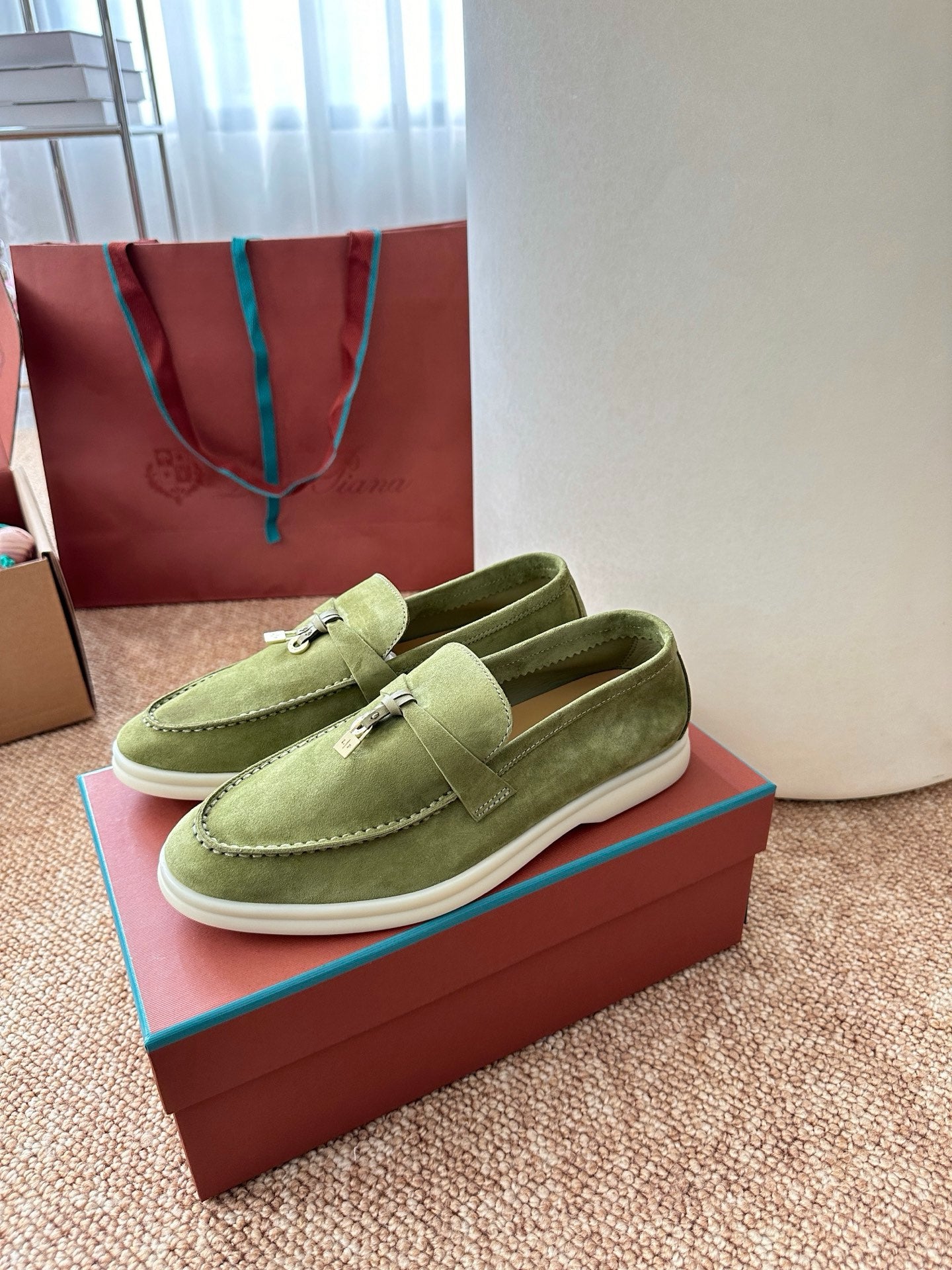 Loro Piana Summer Charms Walk Suede Loafers - Olive Green