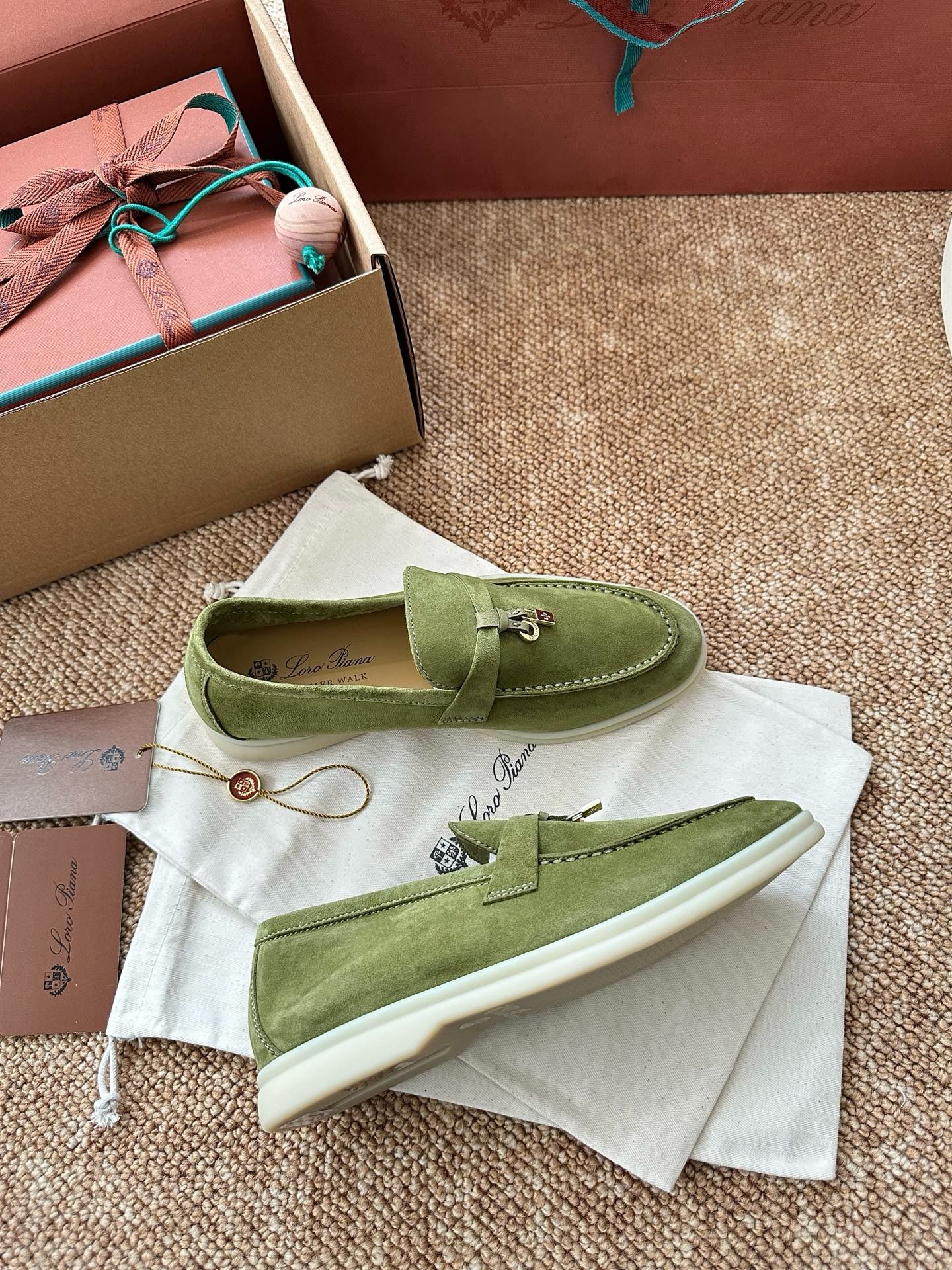 Loro Piana Summer Charms Walk Suede Loafers - Olive Green