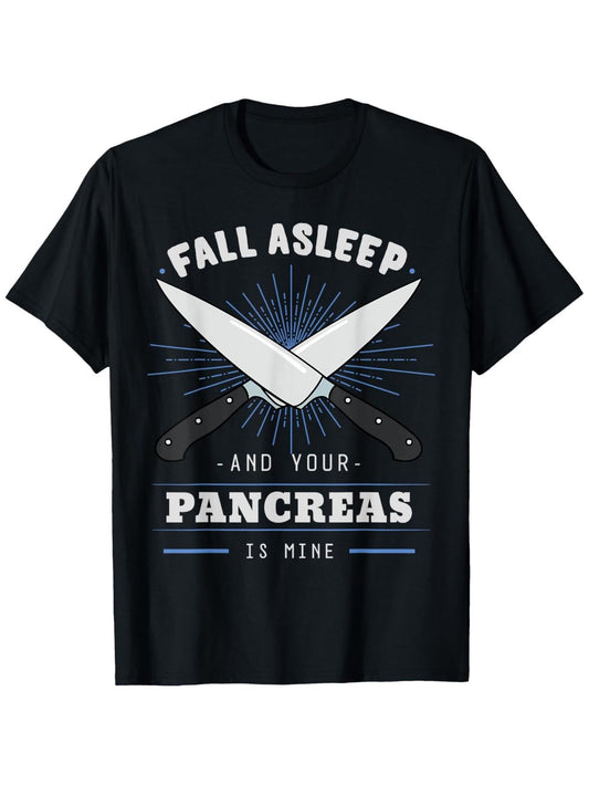 Men's Type 1 Diabetes Awareness T-Shirt - "Fall Asleep & Yours Pancreas is Mine" Slogan, Heavyweight 180gsm Cotton Tee for Type 1 Survivors, Durable Casual Shirt with Type 1 Design (Black/White/Blue Print), Sizes S-XXXL