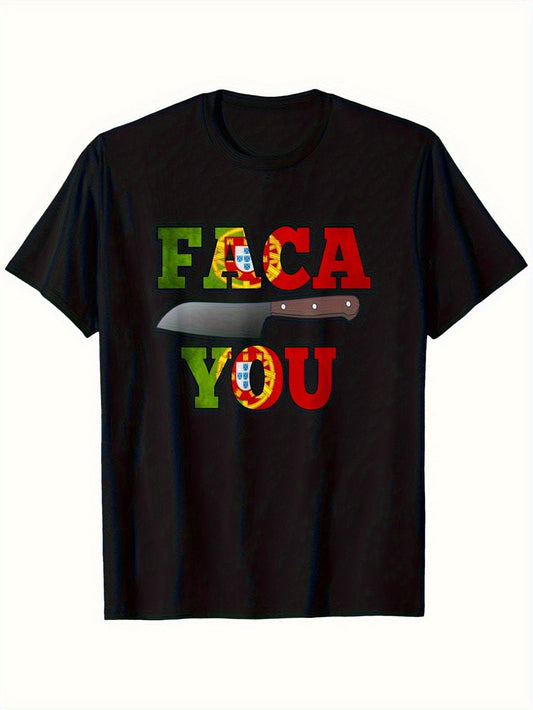 Men's Bold FACA YOU Graphic T-Shirt with Multicolor Flag Lettering & Knife Print - Lightweight Breathable Cotton Casual Short Sleeve Shirt for Cooking Enthusiasts, Themed Outfits