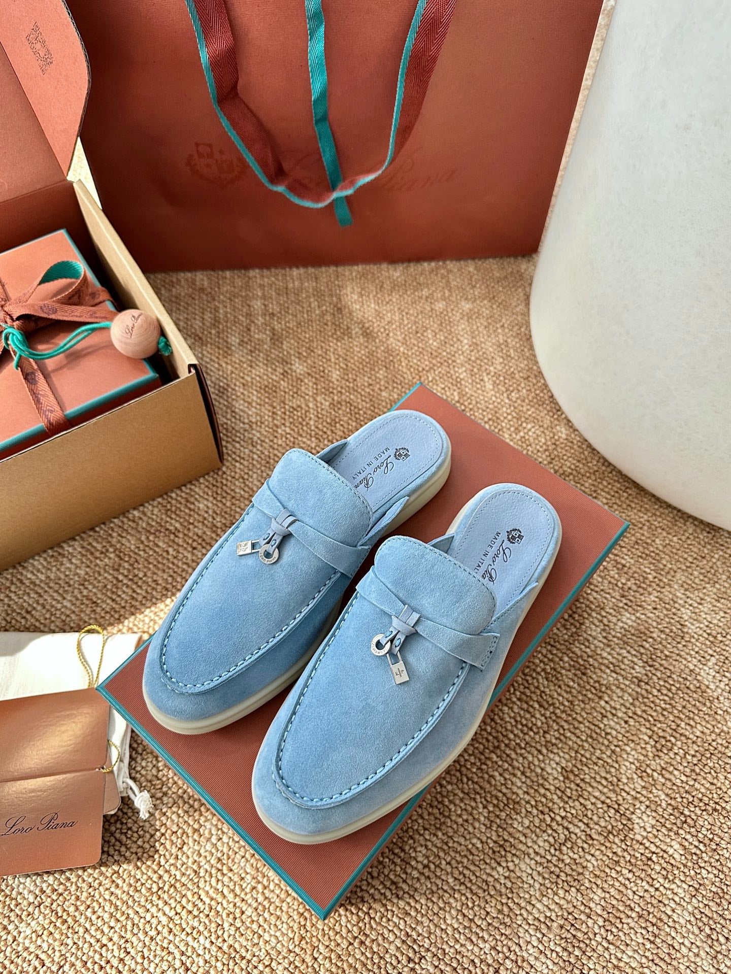 Loro Piana Summer Charms Walk Suede Mules - Light Blue