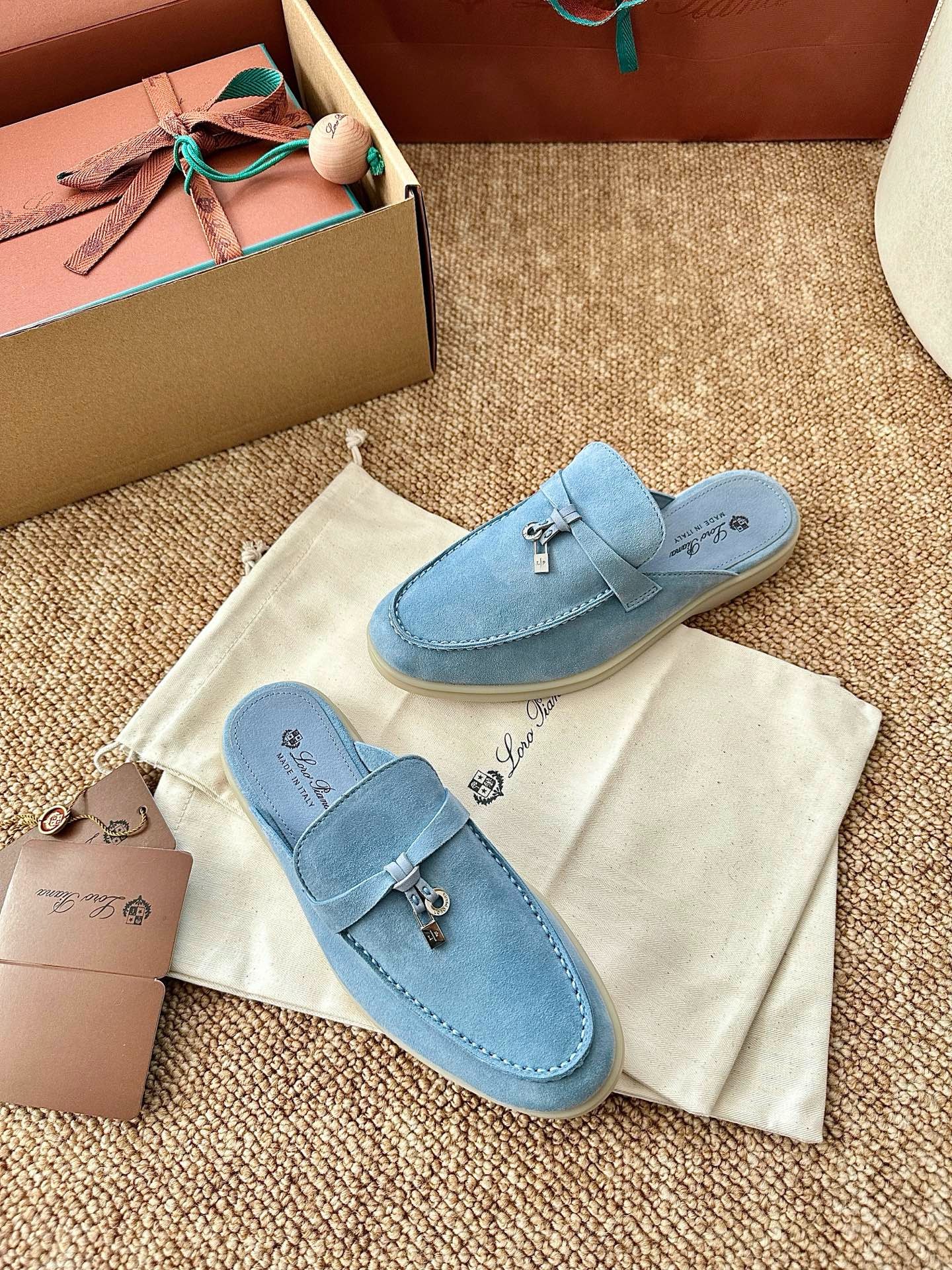 Loro Piana Summer Charms Walk Suede Mules - Light Blue