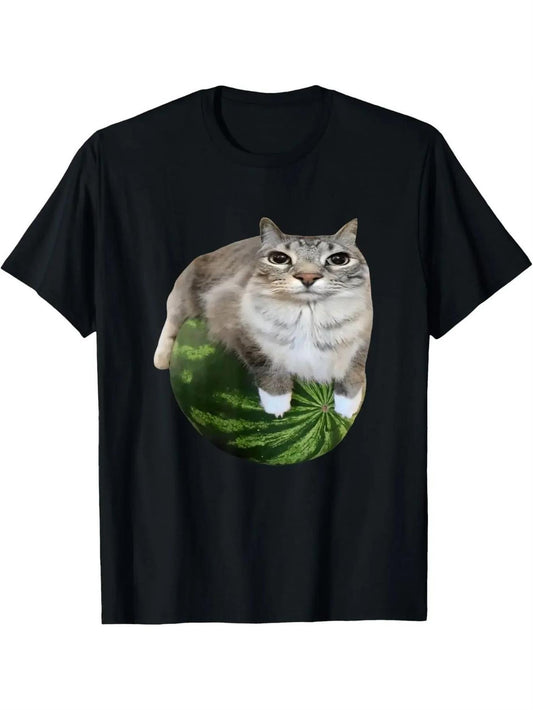 Humorous Gray Tabby Feline Perched on a Watermelon T-Shirt - Comfortable And Airy Black Shirt for Cat Enthusiasts, Adorable Gift for Pet Owners for Birthdays Or Christmas - Loose-Fitting Crew Neck Tee for Both Men And Women, Casual Attire