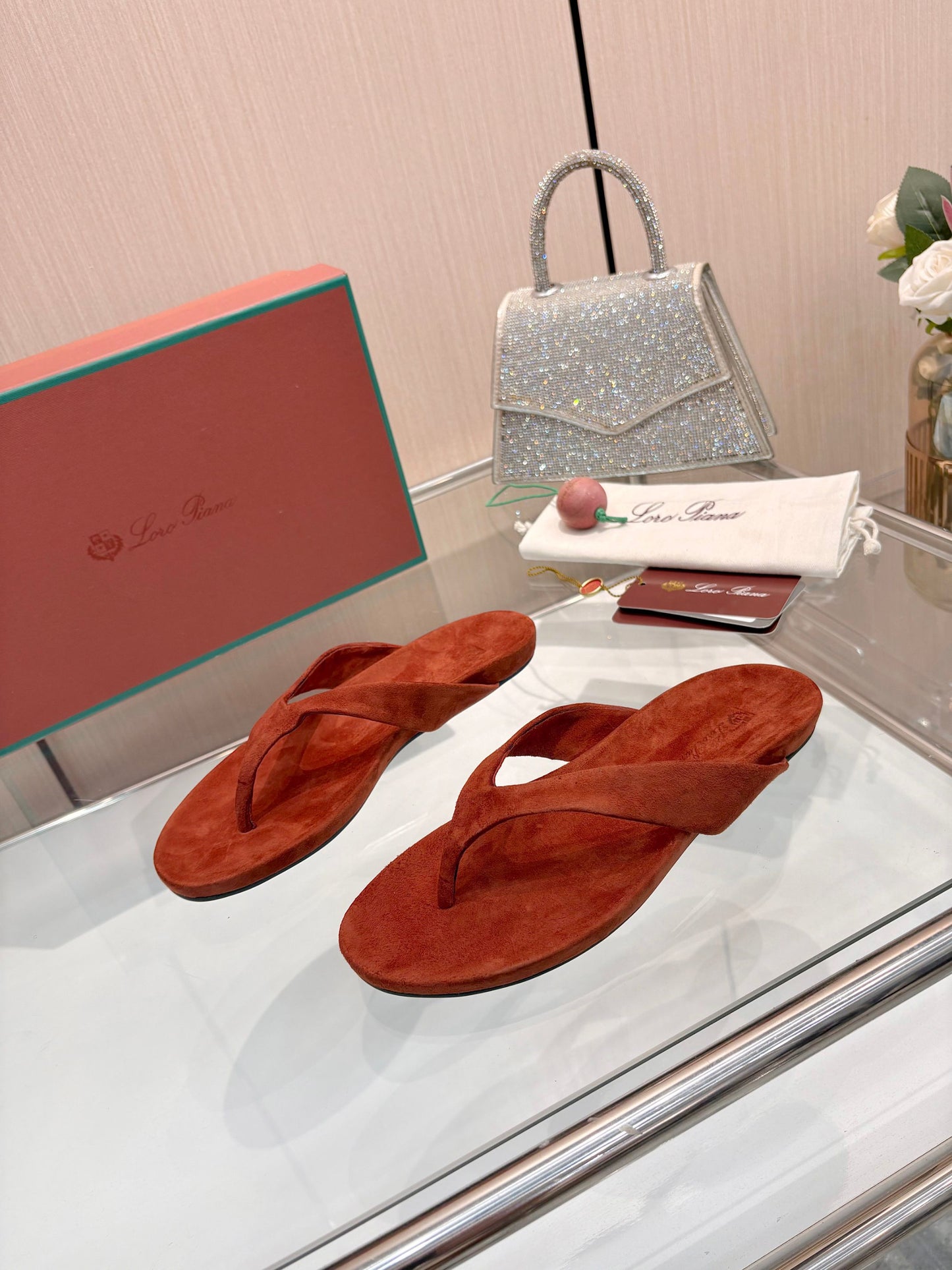 Rust Red Suede Quiet Luxury Flat Flip Flops Women Casual Thong Sandals