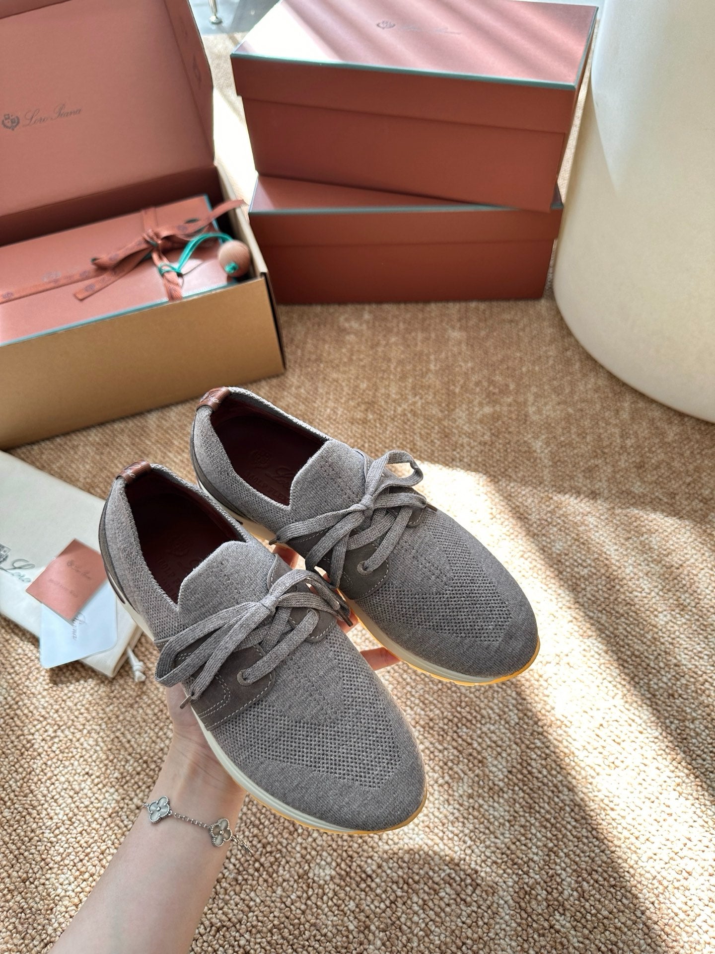 Loro Piana Knit & Suede Low-Top Sneakers - Heather Grey