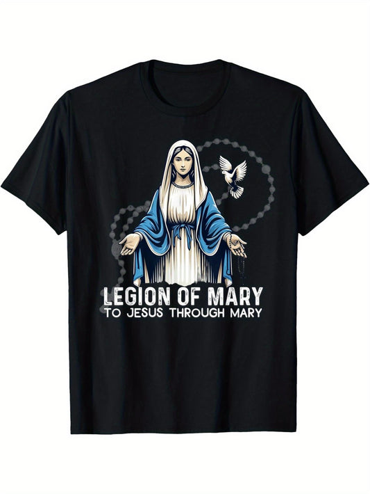 Men's Catholic T-Shirt with Our Lady & Butterflies Religious Design - to Jesus Through Mary Slogan, Loose Fit Crew Neck Short Sleeve Tee, Comfortable Fabric for Hiking, Casual Wear & Catholic Devotion Apparel