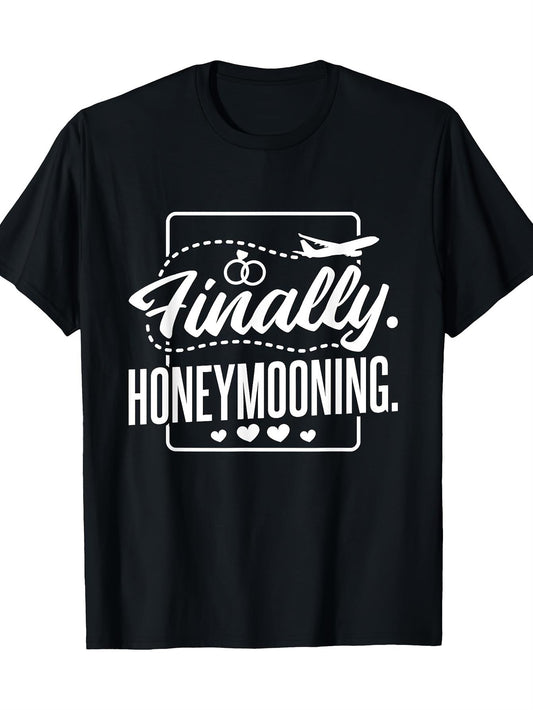 At Last, a T-Shirt for Newlyweds - 100%, Black with White Lettering, Casual Round Neck Short Sleeve Top for Women, Ideal for Honeymoons And Festivities, Featuring a Fun Print And Shiny Fabric