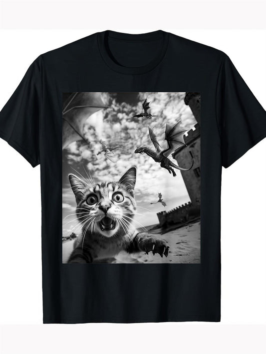 Mens Funny Cat & Dragon Graphic T-Shirt - 100% Cotton Black Casual Tee with Tabby Cat & Dragon Print, Short Sleeve Round Neck, Machine Washable, Funny Fantasy Novelty Shirt for Halloween Costumes & Casual Attire - Durable Soft Fabric for Comic
