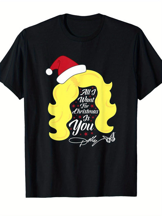 Men's & Women's Dolly Parton Iconic Wig T-Shirt - All I Want Christmas Song Tee with Dolly's Signature Hair Print, Casual Round Neck Short Sleeve Shirt for Themed Parties, Daily Wear & Year-Round (Unisex Apparel)
