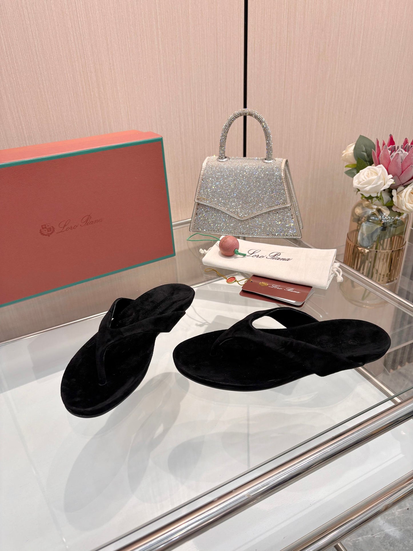 Solid Black Suede Old Money Style Flat Flip Flops Women Casual Thong Sandals
