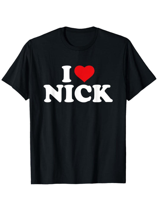 I Love Nick T-Shirt Compatible for - Bold White Lettering & Red Heart Graphic Tee - Heavyweight 180gsm Cotton Shirt for Men & Women - Unisex Casual & Couples Wear (S-XXXL) - Year-Round Comfort Fit - Ideal for Birthdays, Valentines, - Durable