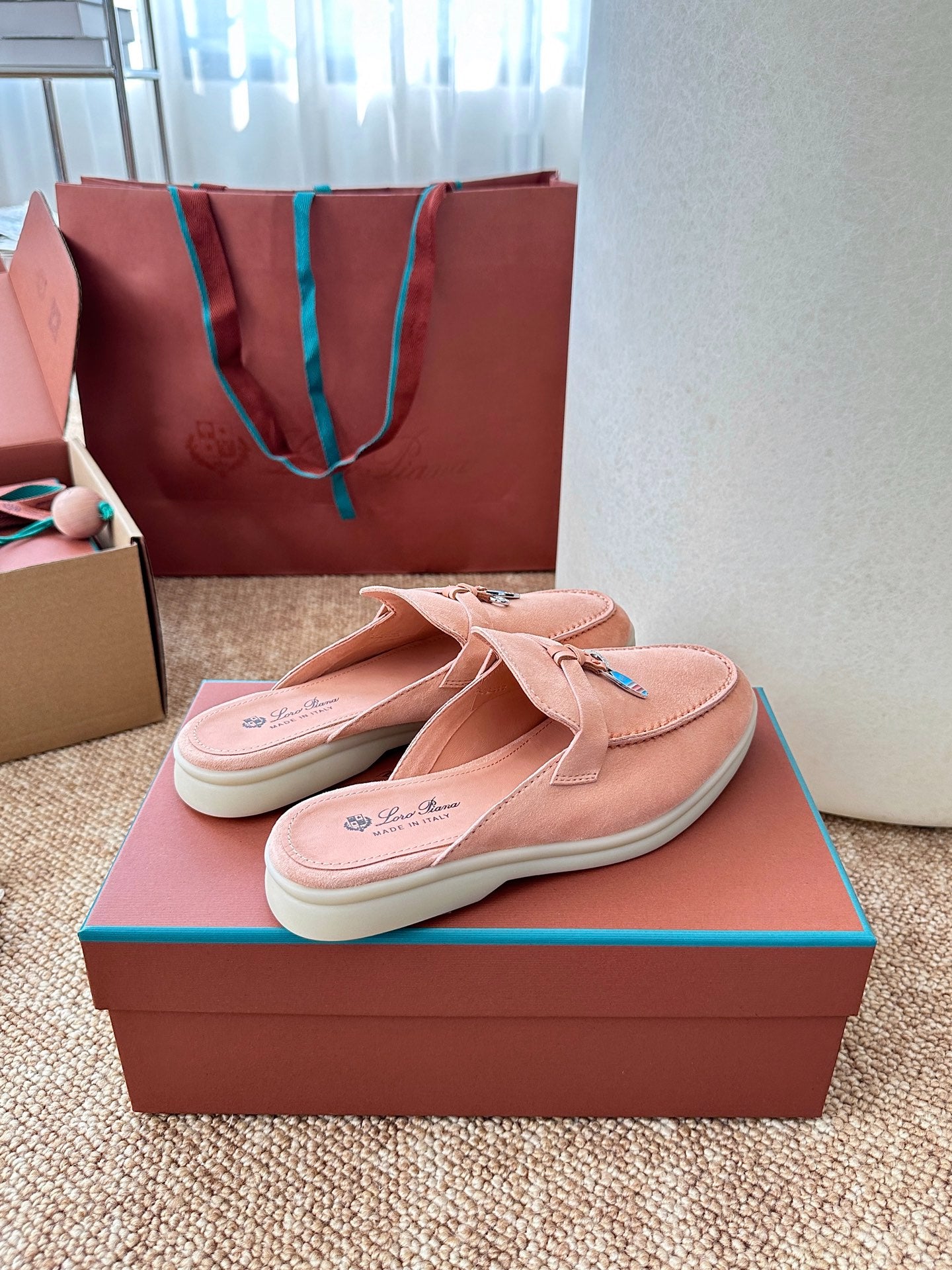 Loro Piana Summer Charms Walk Suede Mules - Peach Pink