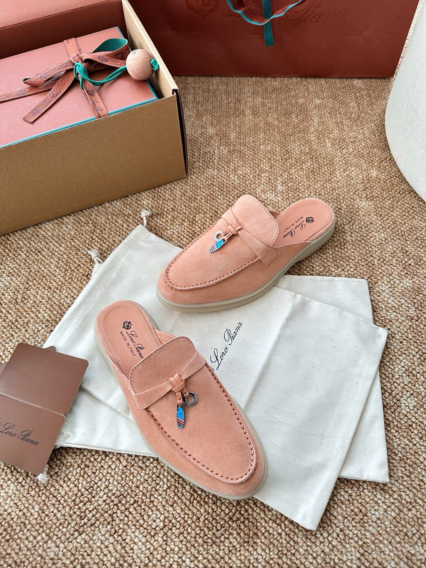 Loro Piana Summer Charms Walk Suede Mules - Peach Pink