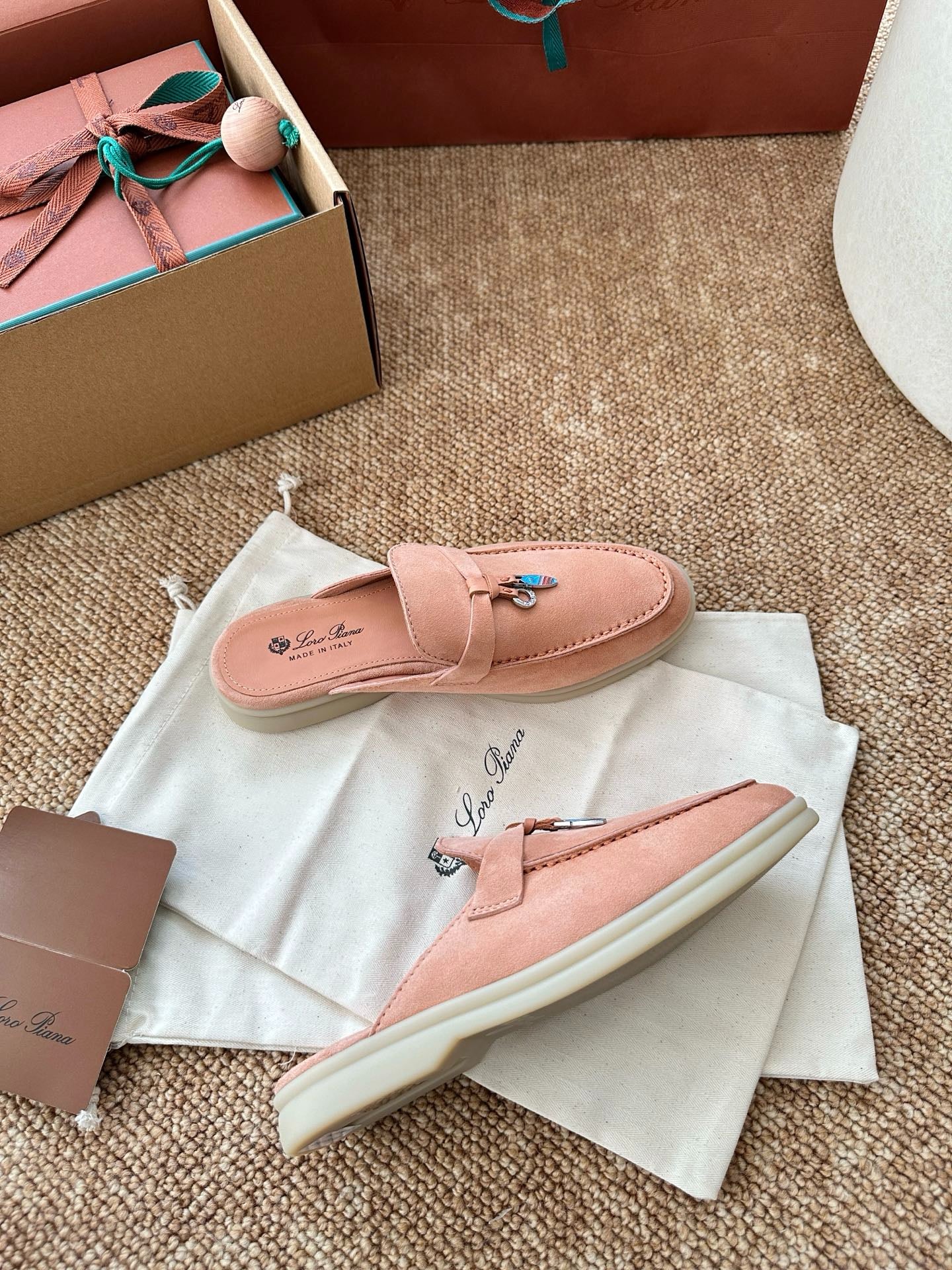 Loro Piana Summer Charms Walk Suede Mules - Peach Pink