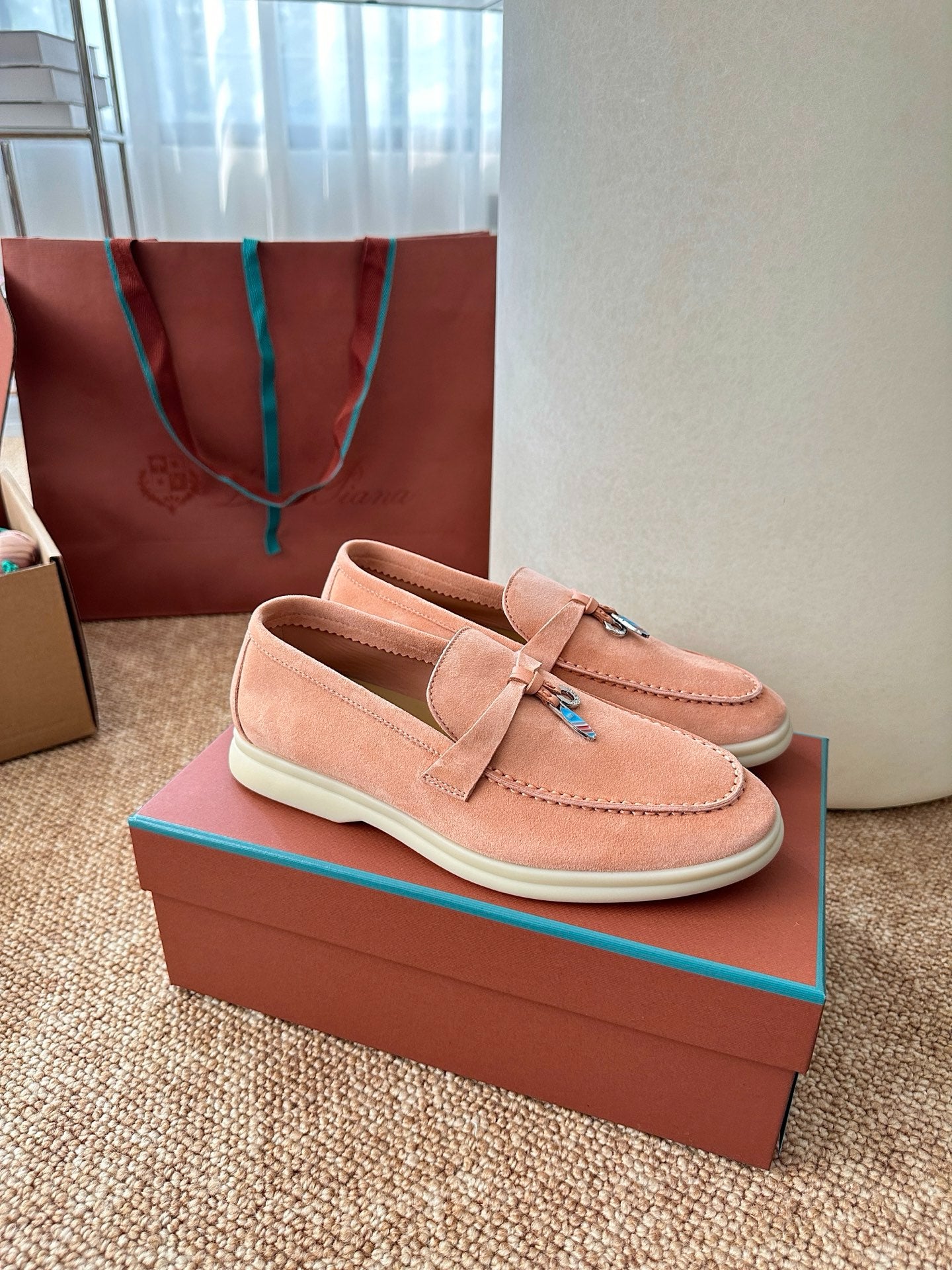 Coral Pink Suede Slip-On Loafers, Loro Piana Style