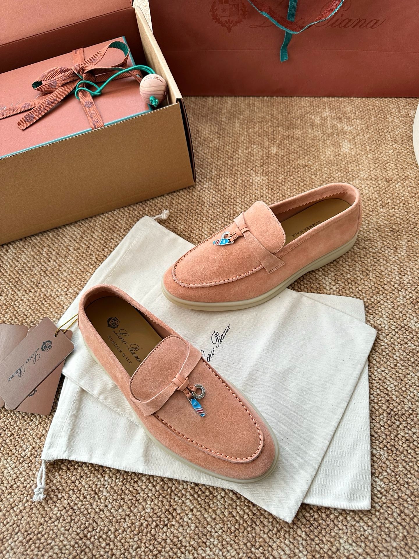 Coral Pink Suede Slip-On Loafers, Loro Piana Style
