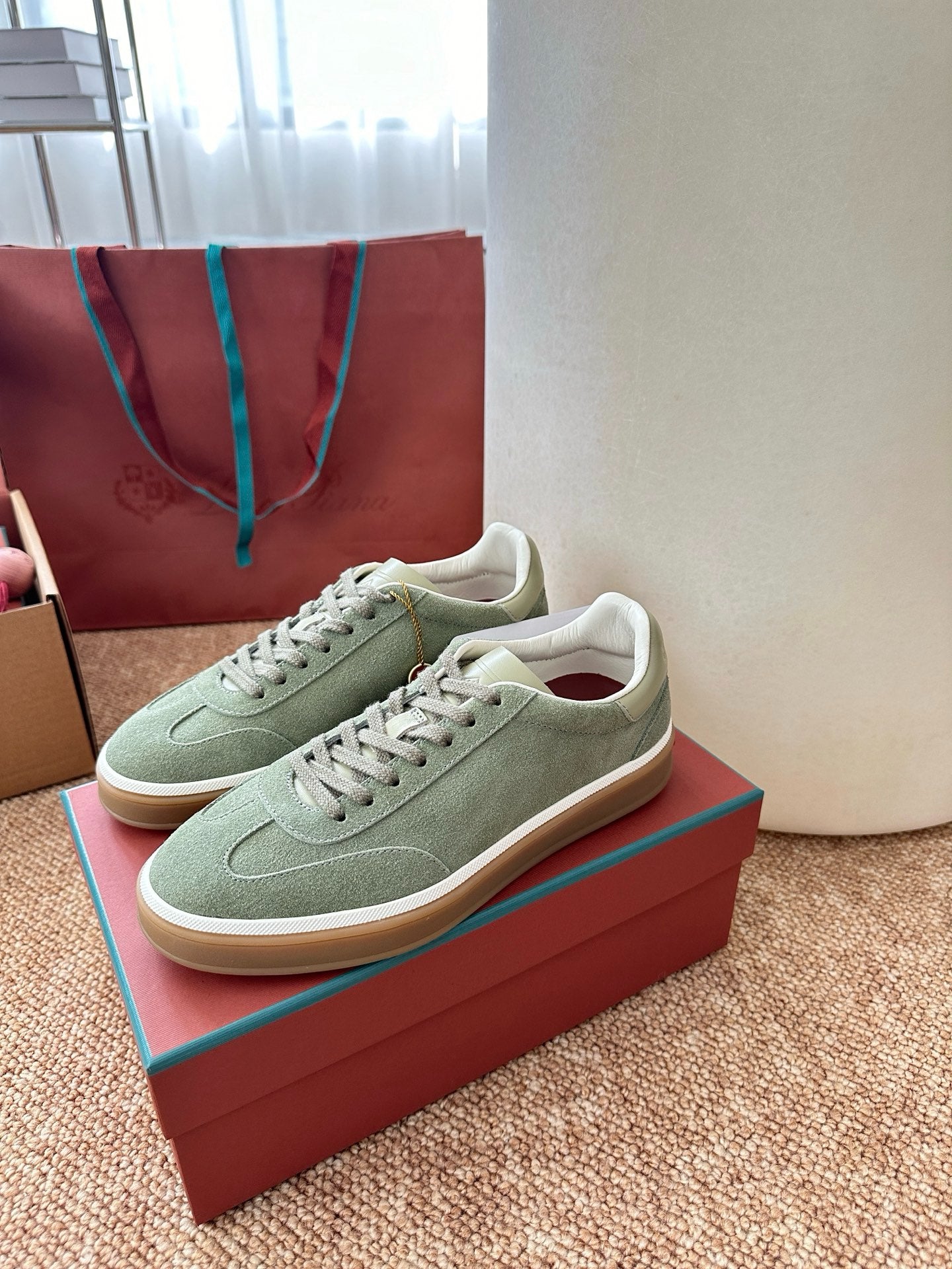 Light Green Suede Lace-Up Sneakers, Loro Piana Style
