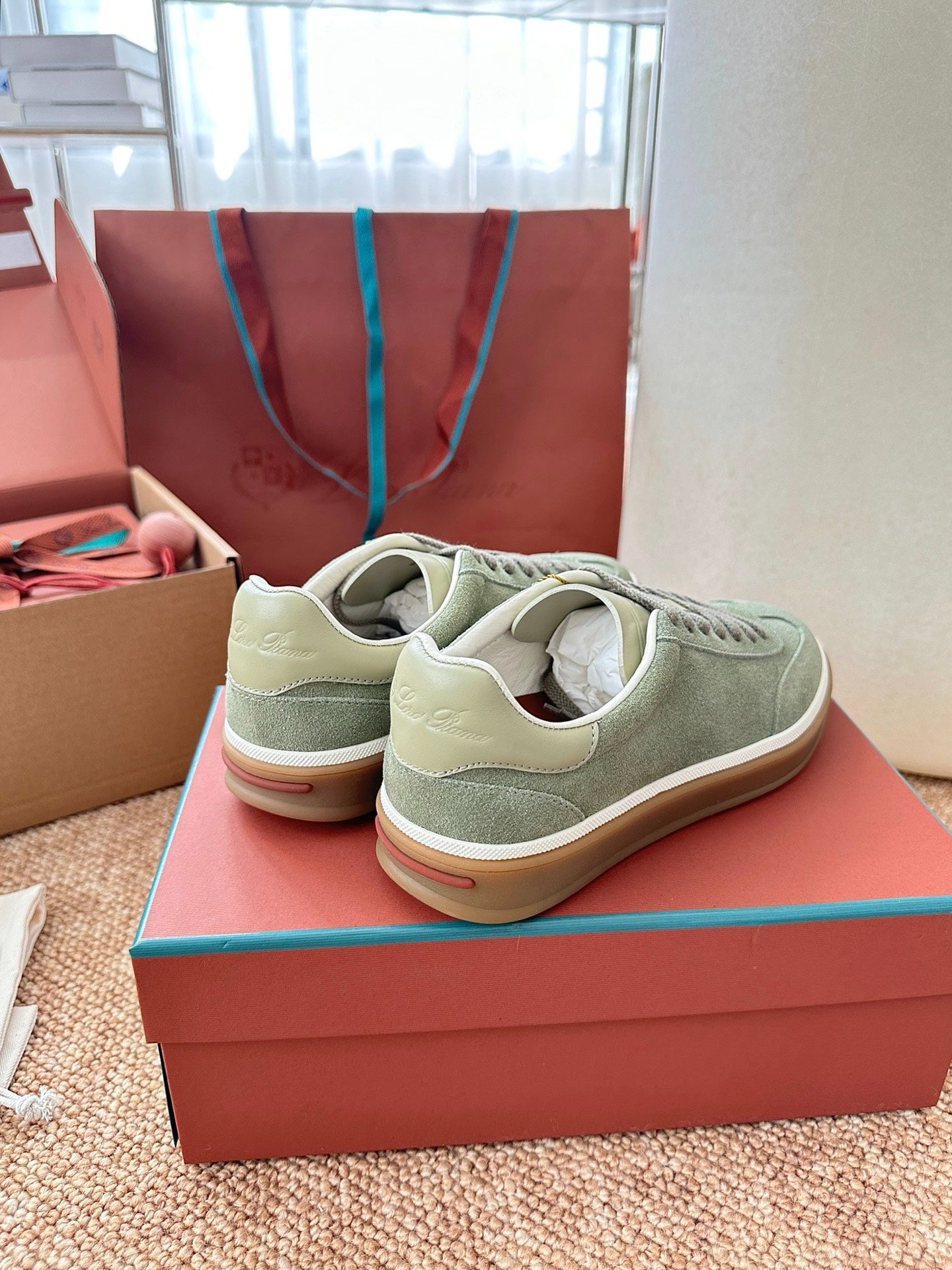 Light Green Suede Lace-Up Sneakers, Loro Piana Style
