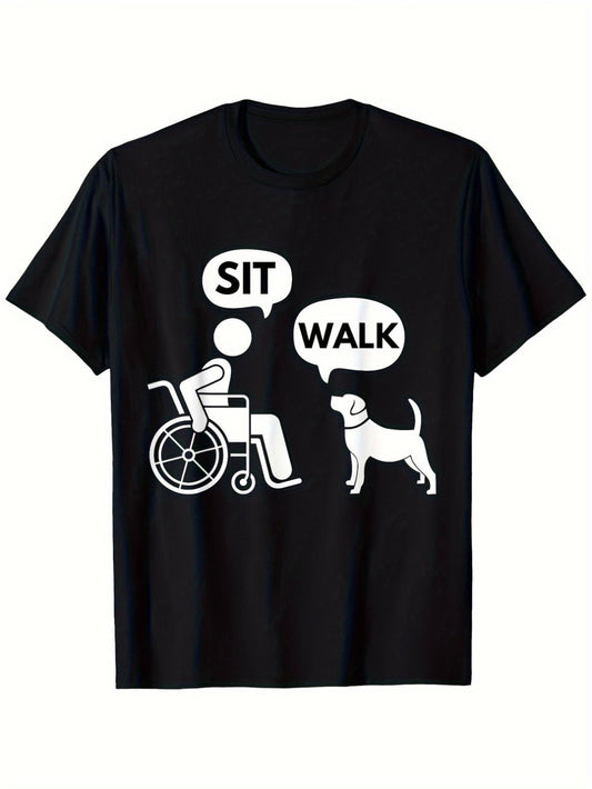 Men'S 100% Crew Neck T-Shirt with Wheelchair Dog And SIT WALK Guide Dog Design - Breathable Casual Streetwear, Blackwhite, Ideal Gift for Dad, Mobility Awareness Apparel, Machine Washable, Year-Round (Hand Dry Clean)
