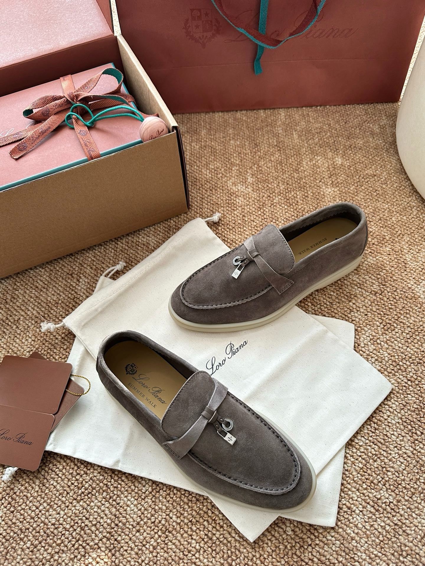 Loro Piana Summer Charms Walk Suede Loafers - Taupe Grey
