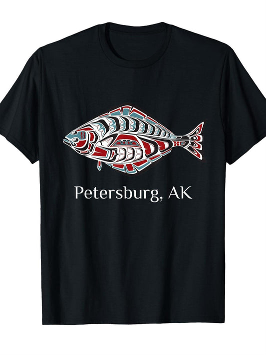 Men's Heavyweight 180gsm Cotton Halibut Fish T-Shirt - Black with Red & White Pacific Northwest Graphic Tee, Alaska Petersburg Local Apparel, Casual Crewneck Shirt for Fishing Trips, Travel & Outdoor Activities