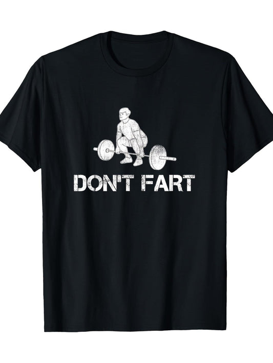 Men's Funny "Don't Fart" Weightlifting Gym T-Shirt with Fart Machine/Noise Maker Videos - Weightlifting Graphic & Bold White Lettering, Round Neck Short Sleeve Fitness Tee for Gym Humor, All-Season Comfort Fit for Men