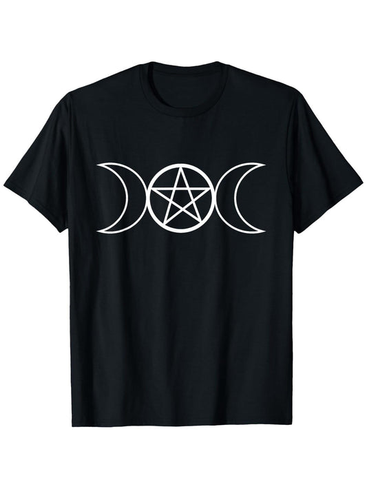 Local Warehouse Mens Vintage Graphic T-Shirt - Black 100% Cotton 180gsm, Loose Fit Short Sleeve with Crescent Moon & Pentagram Design, Medium Stretch Machine Washable Opaque Fabric for Casual & Thanksgiving Outfits