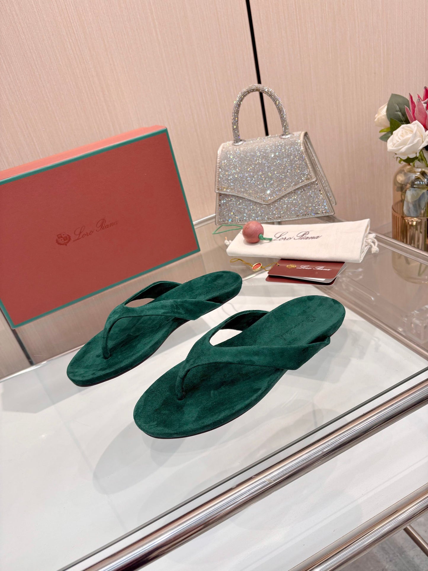 Emerald Green Suede Old Money Style Flat Flip Flops Women Luxury Thong Sandals